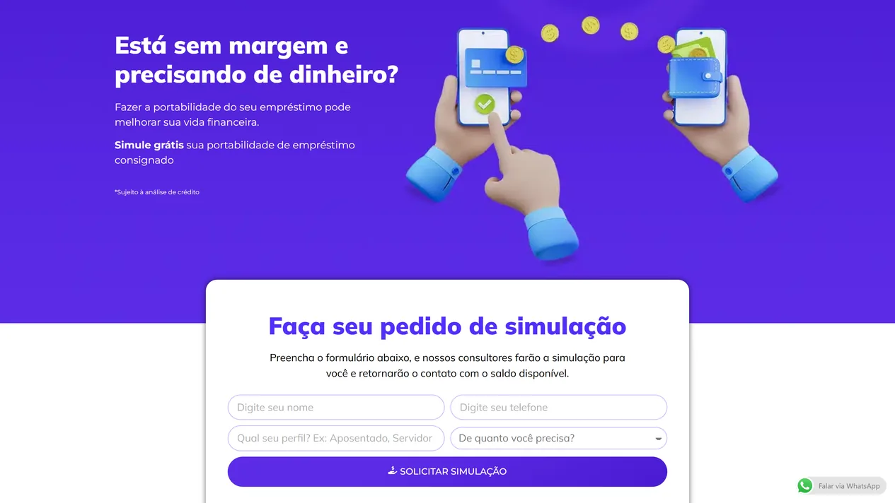 Topo da página Portabilidade de Crédito da BN Crédito em fundo violeta, com o título Está sem margem e precisando de dinheiro, a ressalva sujeito à análise de crédito, ilustração de mãos segurando dois celulares, com moedas passando de um para o outro, e o cartão Faça seu pedido de simulação com quatro campos e o botão Solicitar simulação