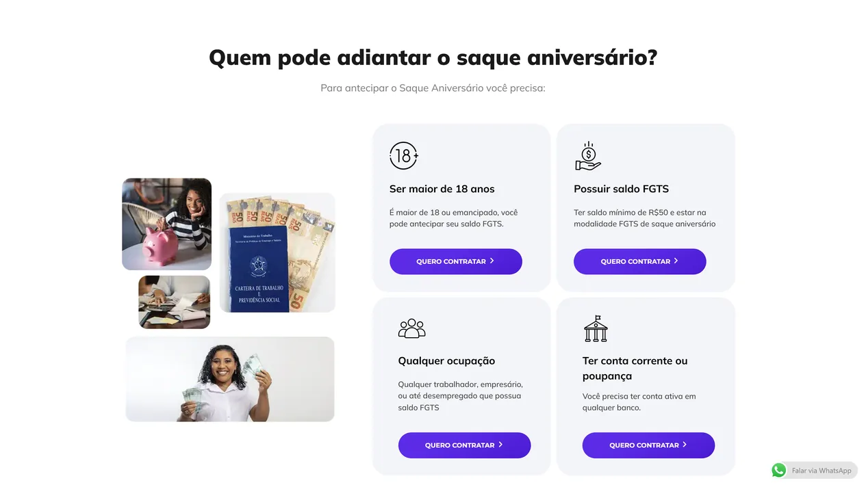 Seção Quem pode adiantar o saque aniversário da página Saque FGTS, com colagem de quatro fotos, entre elas uma carteira de trabalho com cédulas, e quatro cartões em cinza claro: ser maior de 18 anos, possuir saldo FGTS, qualquer ocupação e ter conta corrente ou poupança, cada um com o botão Quero contratar