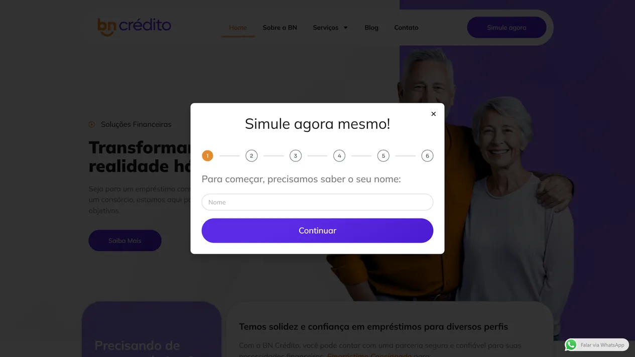 Janela Simule agora mesmo aberta sobre a home da BN Crédito, com seis etapas numeradas no topo, a primeira pergunta pedindo o nome e o botão Continuar