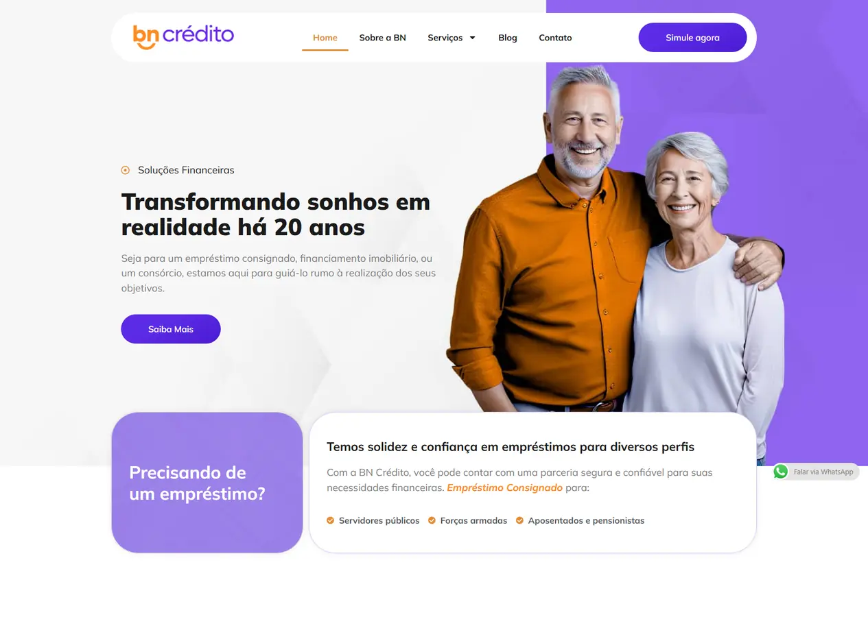 Página inicial completa da BN Crédito, do topo com o casal de idosos e o título de abertura até o rodapé violeta, passando pelos perfis atendidos no consignado, a apresentação da empresa, os cartões de serviço, os logos de bancos parceiros, um depoimento e a faixa de simulação