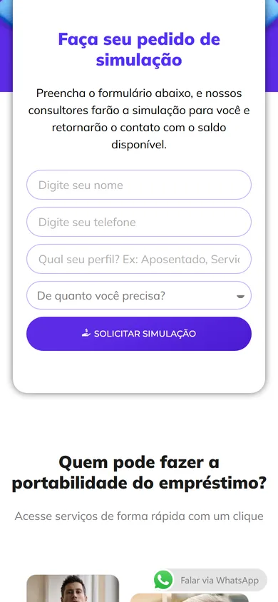 O mesmo pedido de simulação no celular, com os quatro campos empilhados, o botão na largura do cartão e, abaixo, o título Quem pode fazer a portabilidade do empréstimo