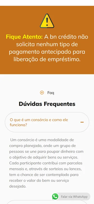 A mesma faixa no celular, com o aviso em letra grande, e a primeira dúvida do consórcio aberta logo abaixo