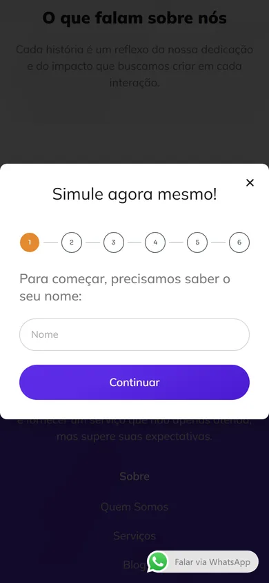 Janela Simule agora mesmo no celular, aberta pelo botão do fim da página, na primeira das seis etapas