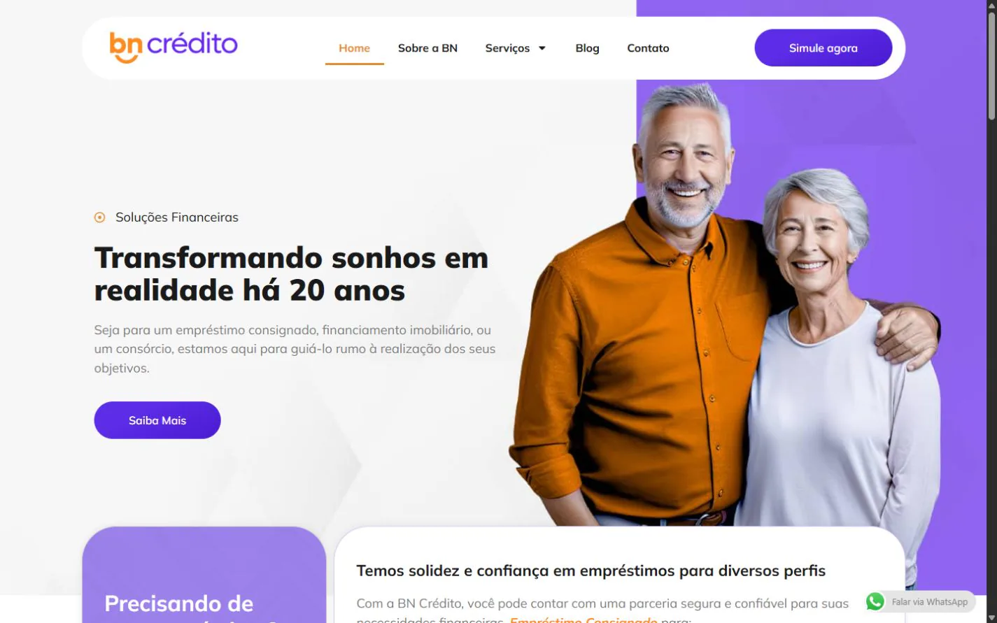 Site da BN Crédito apresentando crédito, consórcio e financiamento