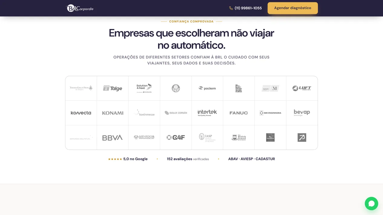 Seção "Empresas que escolheram não viajar no automático", com grade de logos de clientes em cinza, entre eles Palmeiras, BBVA, Fanuc e The British School, e a linha com a nota 5,0 no Google e as credenciais ABAV, AVIESP e Cadastur