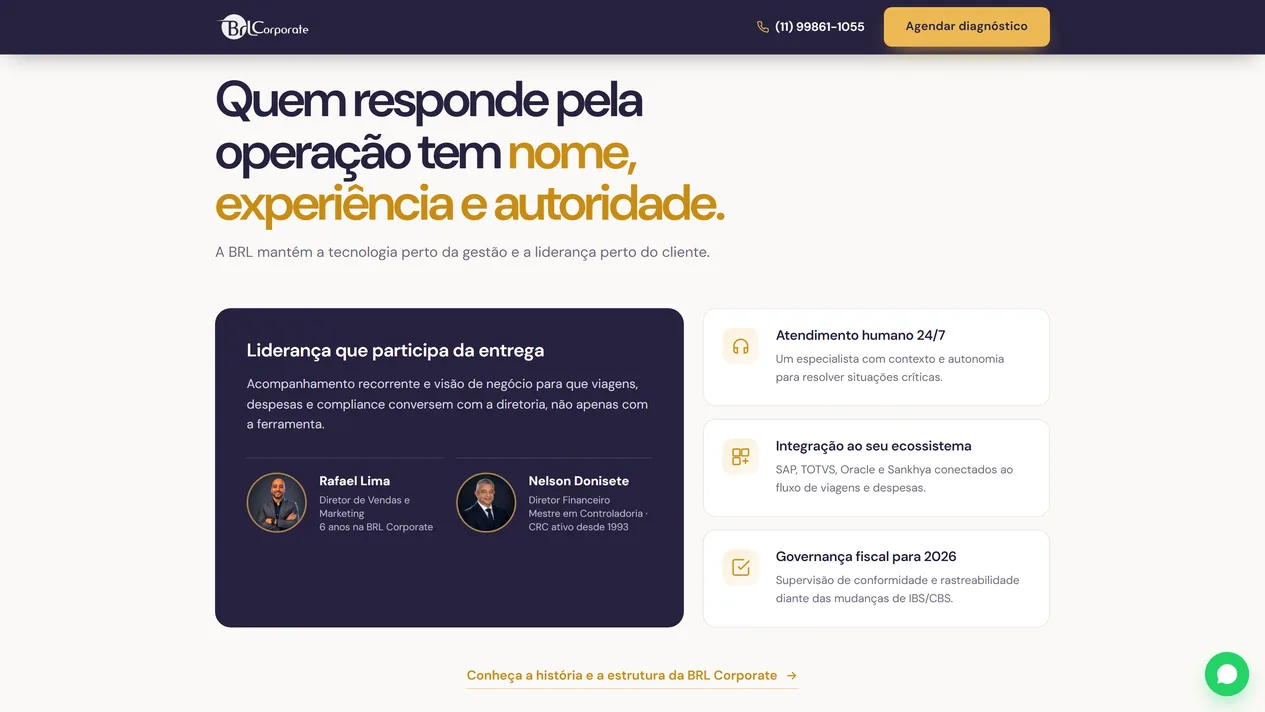 Seção "Quem responde pela operação tem nome, experiência e autoridade", com o cartão índigo Liderança que participa da entrega, as fotos de Rafael Lima e Nelson Donisete com cargo e trajetória, e três cartões de diferenciais à direita