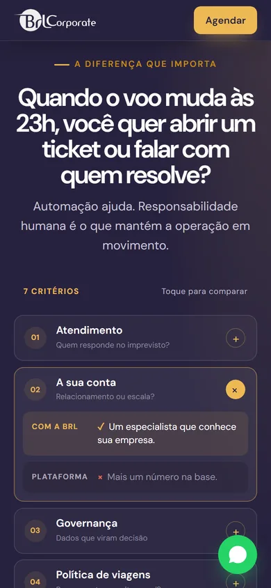 O comparativo no celular, com a indicação 7 critérios, toque para comparar, e o critério A sua conta aberto, com a resposta da BRL acima da resposta da plataforma