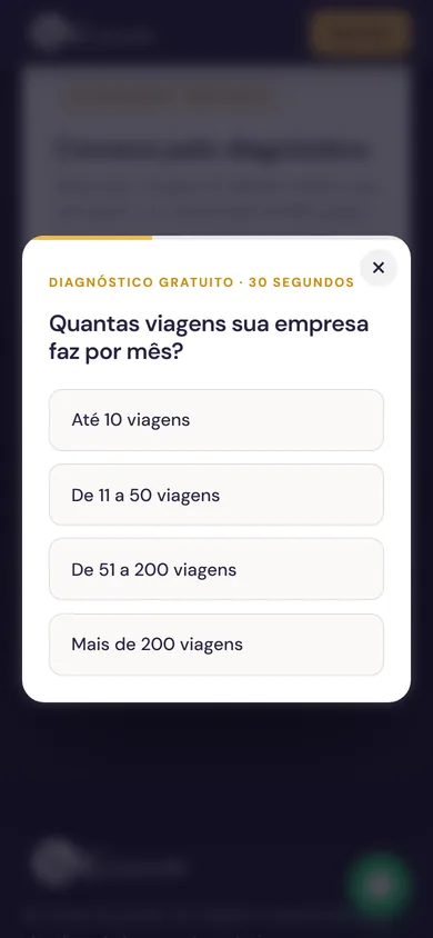 O mesmo diagnóstico no celular, com os quatro botões de resposta em largura cheia sobre o fundo índigo desfocado