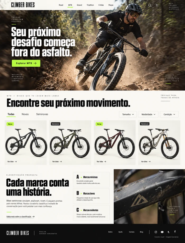 Conceito original da home MTB com ciclista na trilha e vitrine de bikes