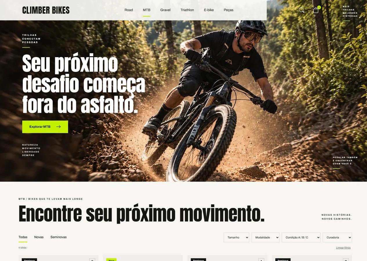 Página inicial da loja modelo de bicicletas, com hero MTB, catálogo e classificação de conservação
