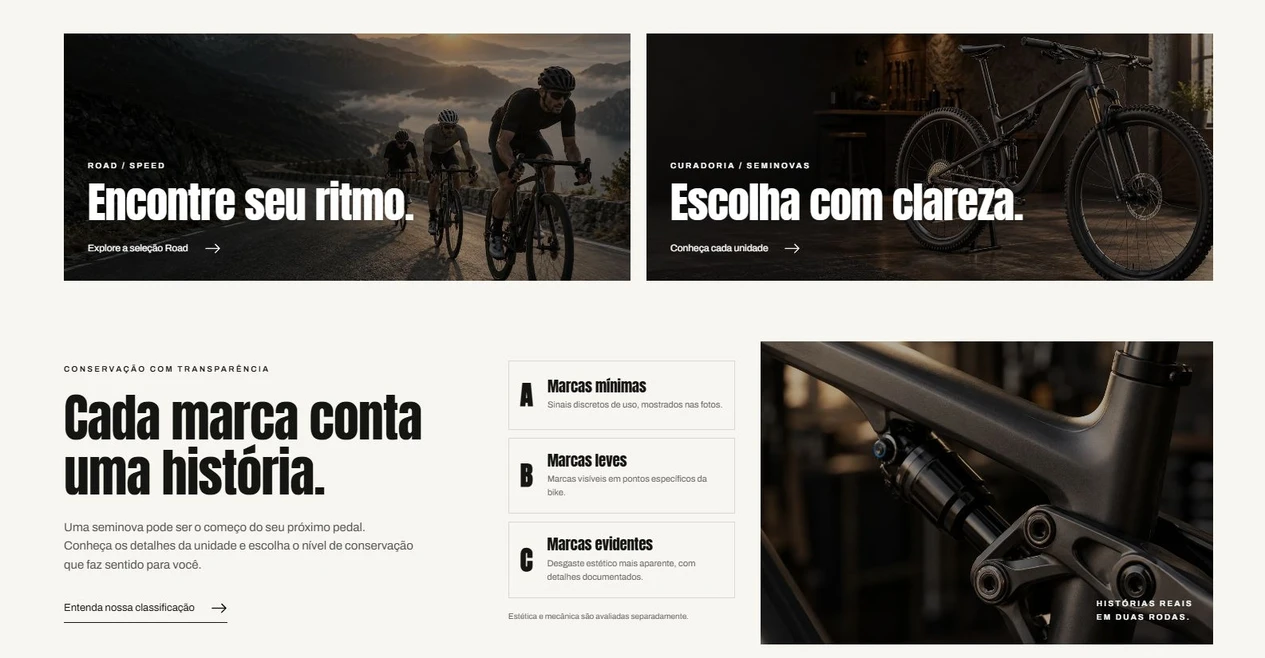Blocos Road e curadoria de seminovas na home da loja modelo Shopify.