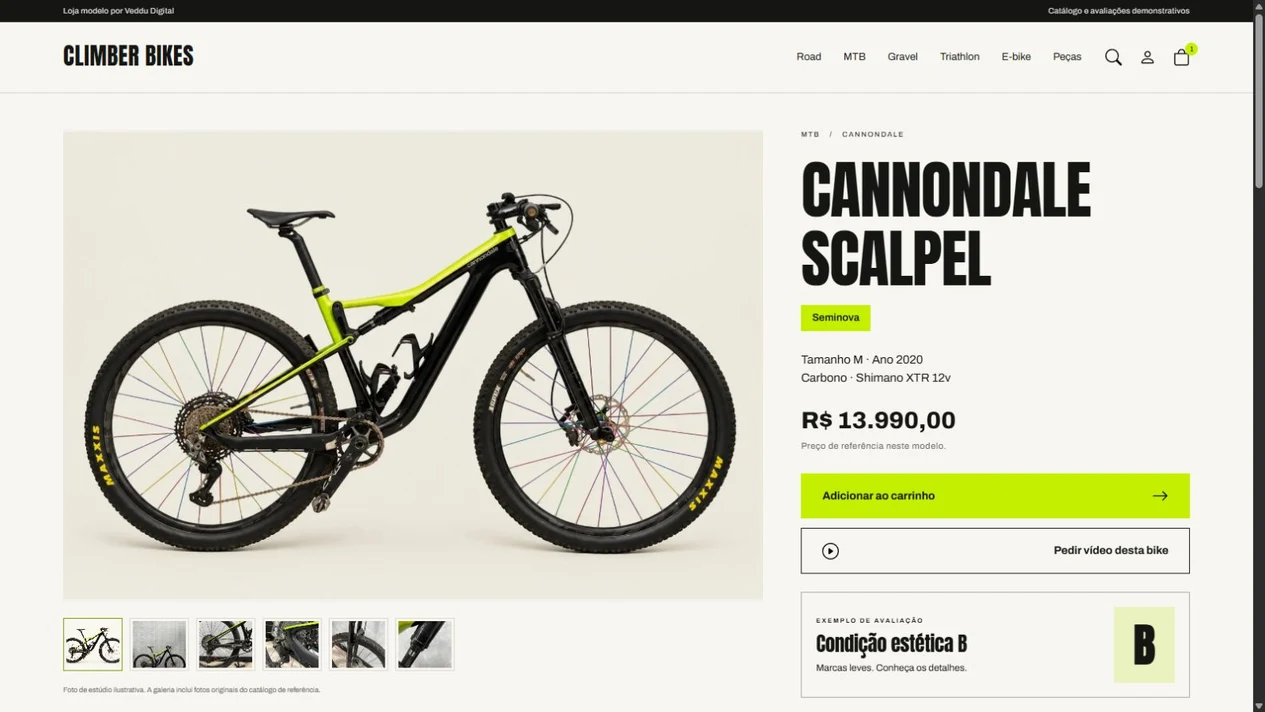 Cada seminova é uma unidade, não só um modelo. Captura da loja demonstrativa Shopify.