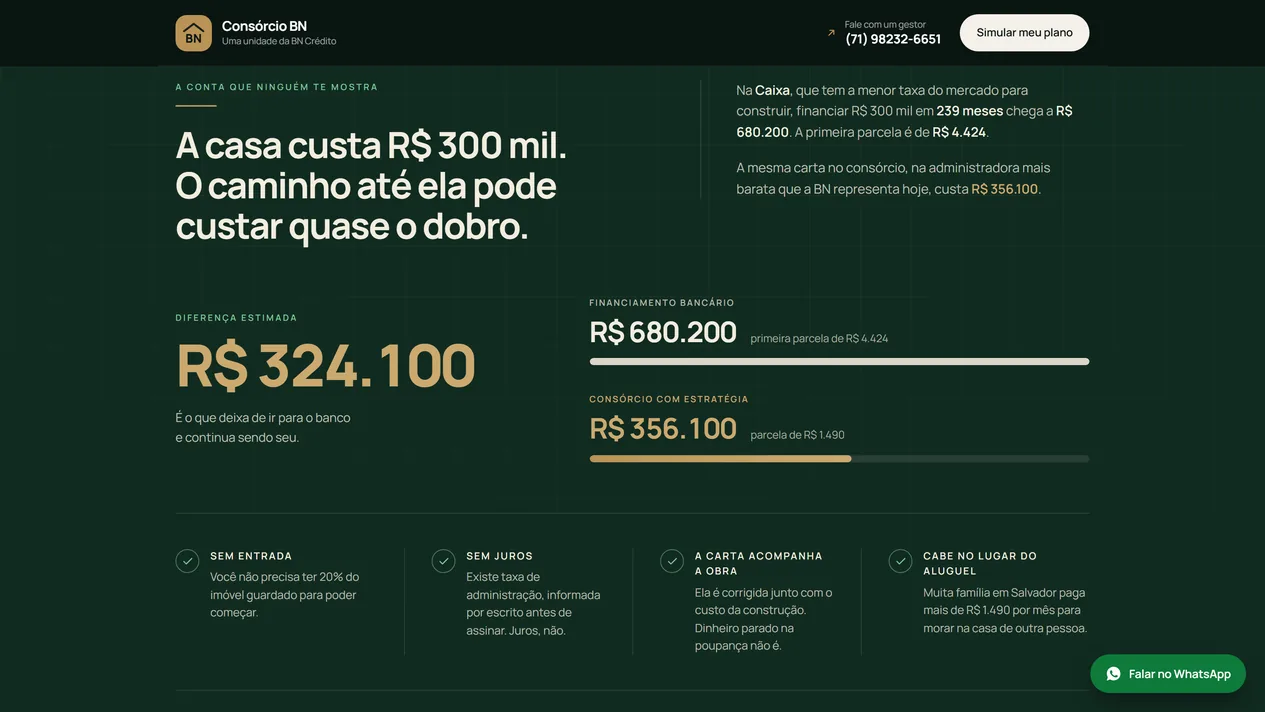 Seção A conta que ninguém te mostra, com o custo do financiamento na Caixa, o custo da mesma carta no consórcio, a diferença estimada em destaque dourado e quatro selos com check, entre eles a ressalva da taxa de administração
