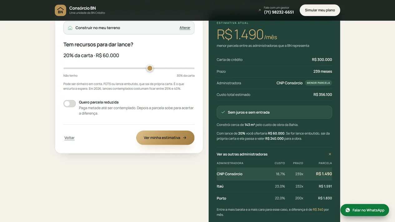 Simulador do Consórcio BN no passo do lance, com a dica sobre lances contemplados, o interruptor de parcela reduzida e, ao lado, o painel com a parcela estimada, o custo total e a tabela das administradoras aberta