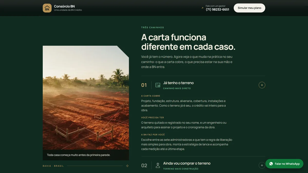 Seção Três caminhos com a imagem de um terreno de terra vermelha demarcado com estacas e o primeiro caso aberto, Já tenho o terreno, dividido em o que a carta cobre, o que você precisa ter e o que a BN faz por você