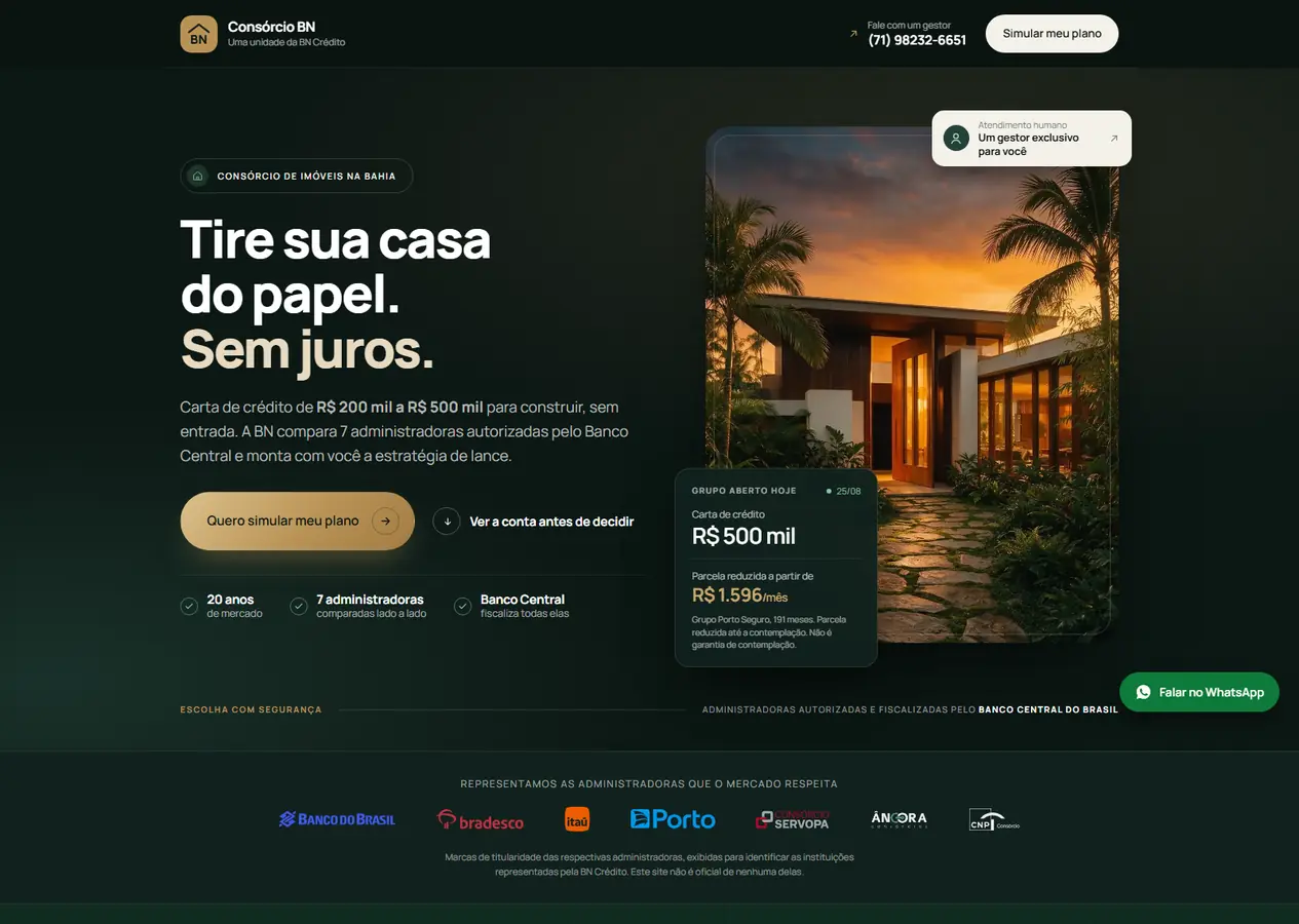 Landing page completa do Consórcio BN, do topo com o título "Tire sua casa do papel. Sem juros." até o rodapé legal, passando pela conta contra o financiamento, o simulador de parcela, os três caminhos da carta, a liberação da obra por etapa, o método, a apresentação da BN, a comparação com o banco, o caso de exemplo, as perguntas frequentes e o fecho
