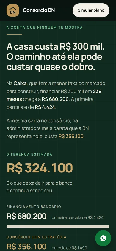 A mesma seção no celular, com a diferença estimada em dourado e as barras do financiamento e do consórcio empilhadas