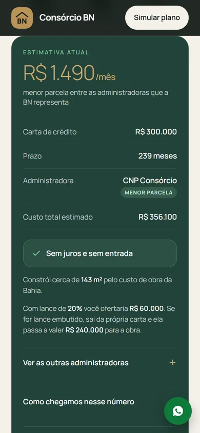 Estimativa no celular, com parcela, carta, prazo, administradora e custo total