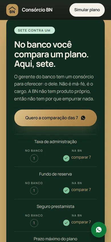 Seção Sete contra um no celular, com o botão de comparação e cada critério em uma linha, no banco contra na BN