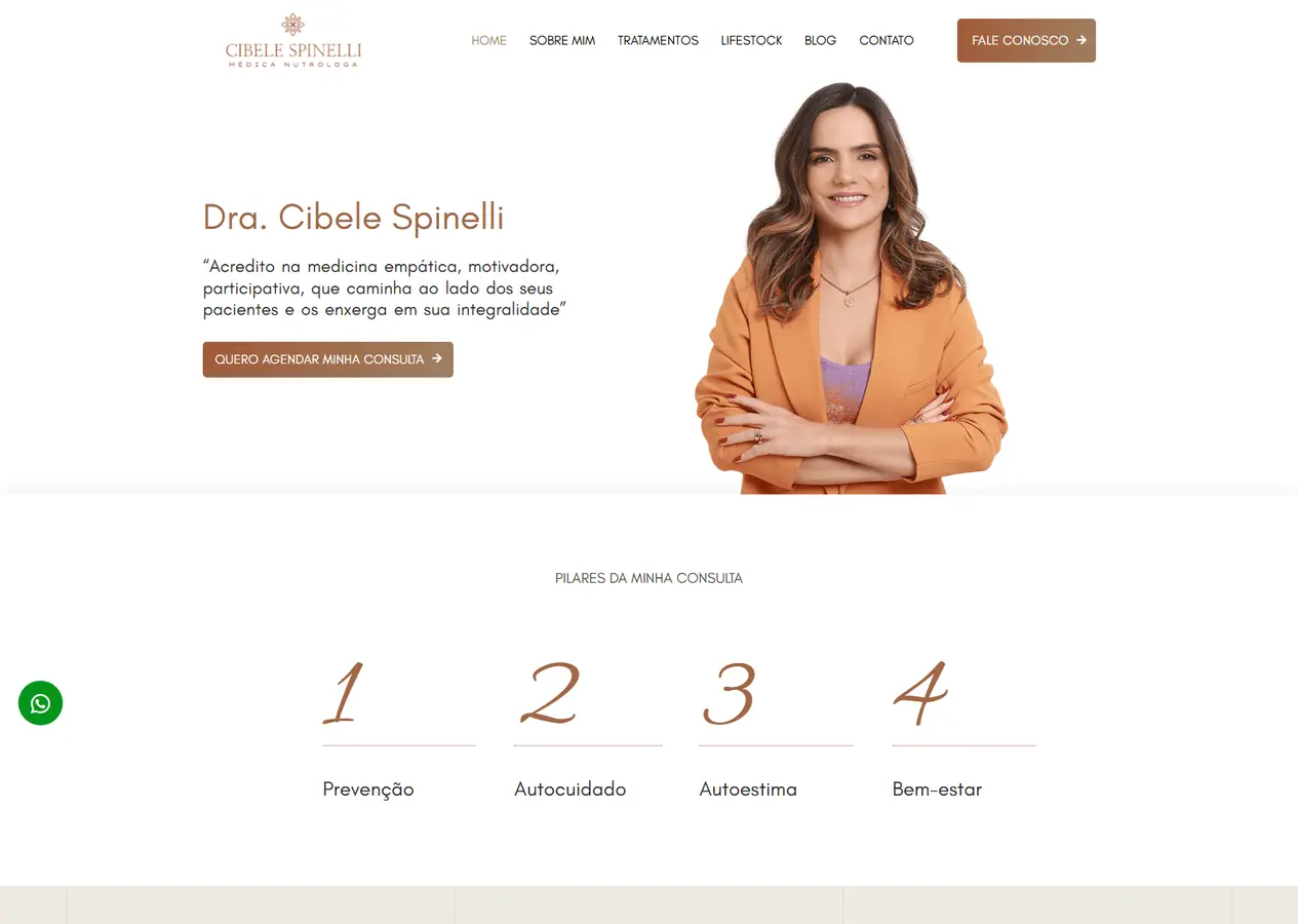 Página inicial completa do site da Dra. Cibele Spinelli, médica nutróloga, do topo com a frase sobre medicina empática e o botão de agendamento até o rodapé, passando pelos pilares da consulta, a apresentação, o vídeo do canal no YouTube, a grade de tratamentos, a citação de Hipócrates, um depoimento, os artigos e as duas clínicas