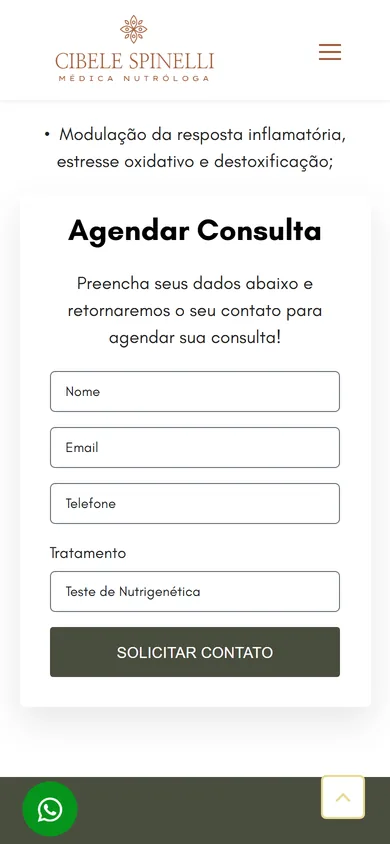 Página do Teste de Nutrigenética no celular, com o fim da lista do que o teste avalia e, logo abaixo, o formulário Agendar Consulta com o campo Tratamento preenchido