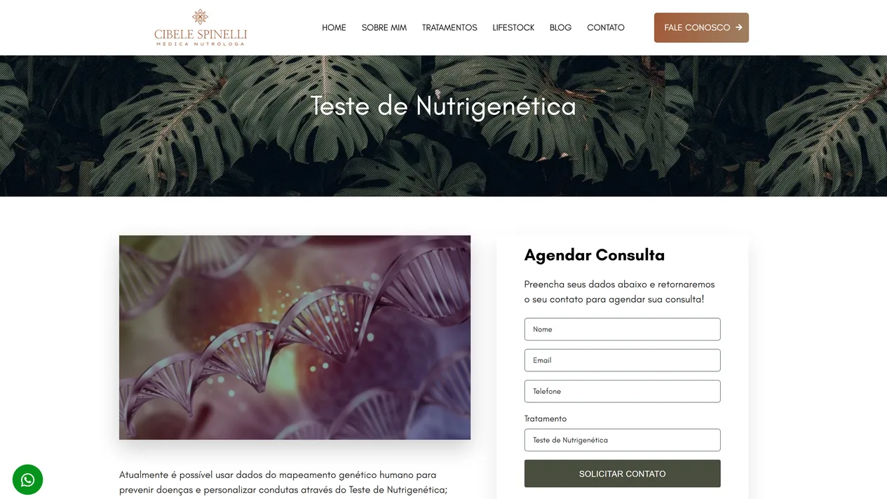 Página do Teste de Nutrigenética no site da Dra. Cibele Spinelli, com o título sobre a faixa de folhas, a imagem de DNA, o começo do texto e, ao lado, o formulário Agendar Consulta com o campo Tratamento preenchido