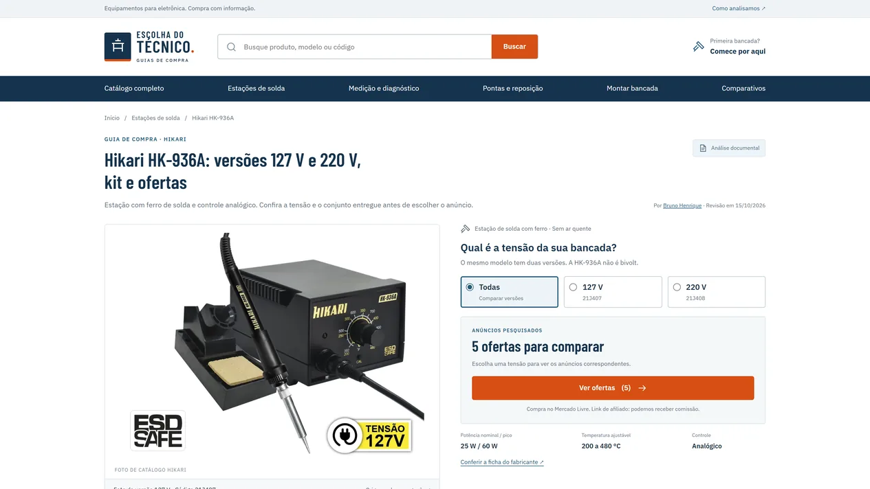 Ficha da estação de solda Hikari HK-936A no Escolha do Técnico: foto de catálogo da versão 127 V e, ao lado, a pergunta Qual é a tensão da sua bancada?, com as opções Todas, 127 V com o código 21J407 e 220 V com o código 21J408, e o quadro 5 ofertas para comparar