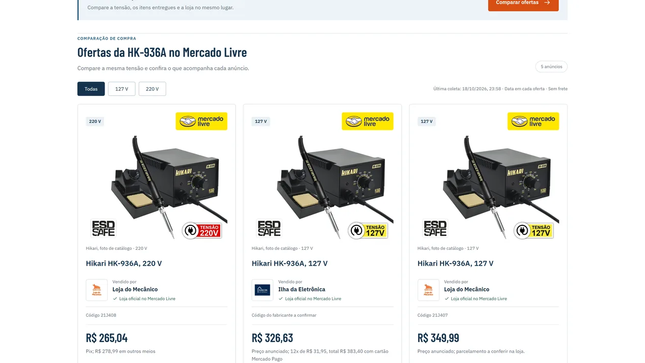 Lista Ofertas da HK-936A no Mercado Livre com os filtros Todas, 127 V e 220 V, o selo 5 anúncios, a data da última coleta e três cartões com a tensão, a foto de catálogo, o vendedor, o código do fabricante ou o aviso a confirmar e o preço como cada loja publica