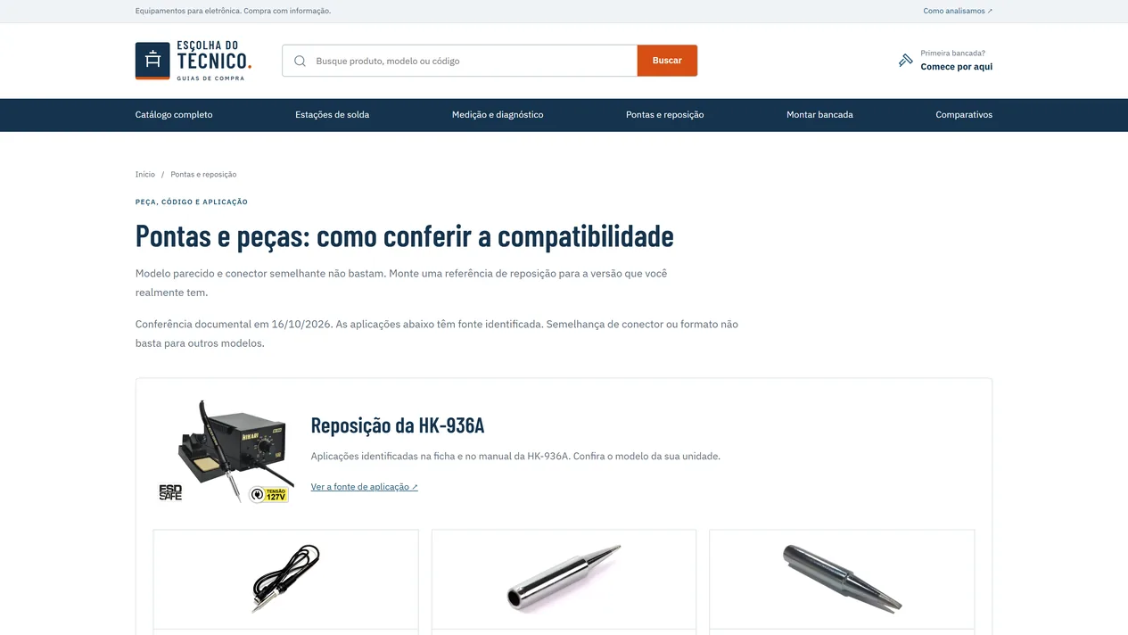 Guia Pontas e peças: como conferir a compatibilidade, com a data da conferência documental e o primeiro grupo, Reposição da HK-936A, com a foto da estação e três peças compatíveis