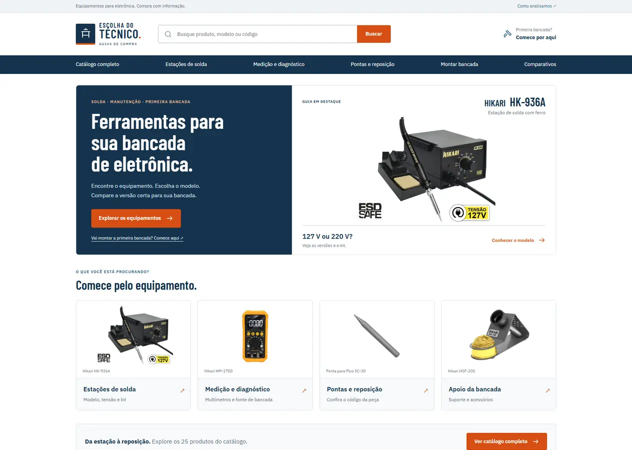 Página inicial completa do Escolha do Técnico, do topo, com a busca por produto, modelo ou código e a manchete “Ferramentas para sua bancada de eletrônica” ao lado da estação Hikari HK-936A, até o rodapé, passando pelas quatro categorias, os comparativos com seletor de 127 V e 220 V, as ofertas por modelo e tensão e os guias de compra