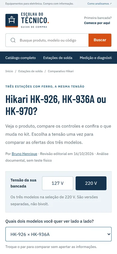 O comparativo no celular, com o seletor de tensão da bancada em 220 V e a pergunta Quais dois modelos você quer ver lado a lado?, com a lista HK-926 × HK-936A