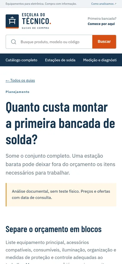 O mesmo guia no celular, com o título em quatro linhas, a faixa de aviso e o primeiro bloco, Separe o orçamento em blocos