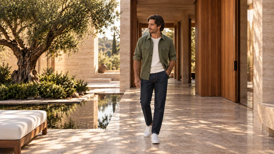 Referência do personagem com overshirt oliva e jeans