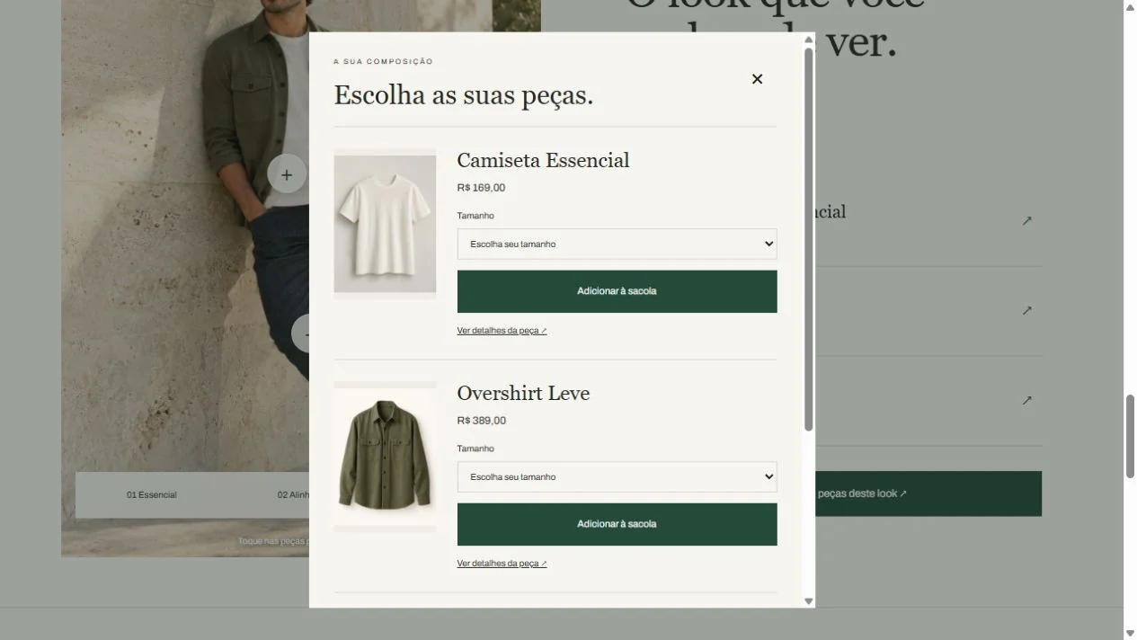 Painel mobile para escolher o tamanho das peças do look Evus
