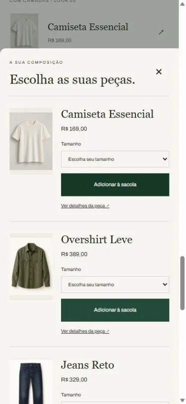 Seleção de peças e tamanhos no painel mobile da Evus