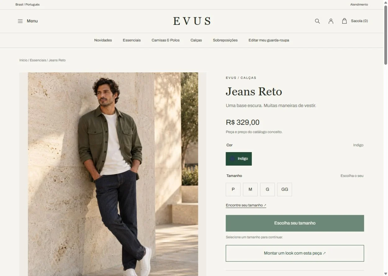 Página de Jeans Reto da Evus com galeria, tamanho e ação de montar um look