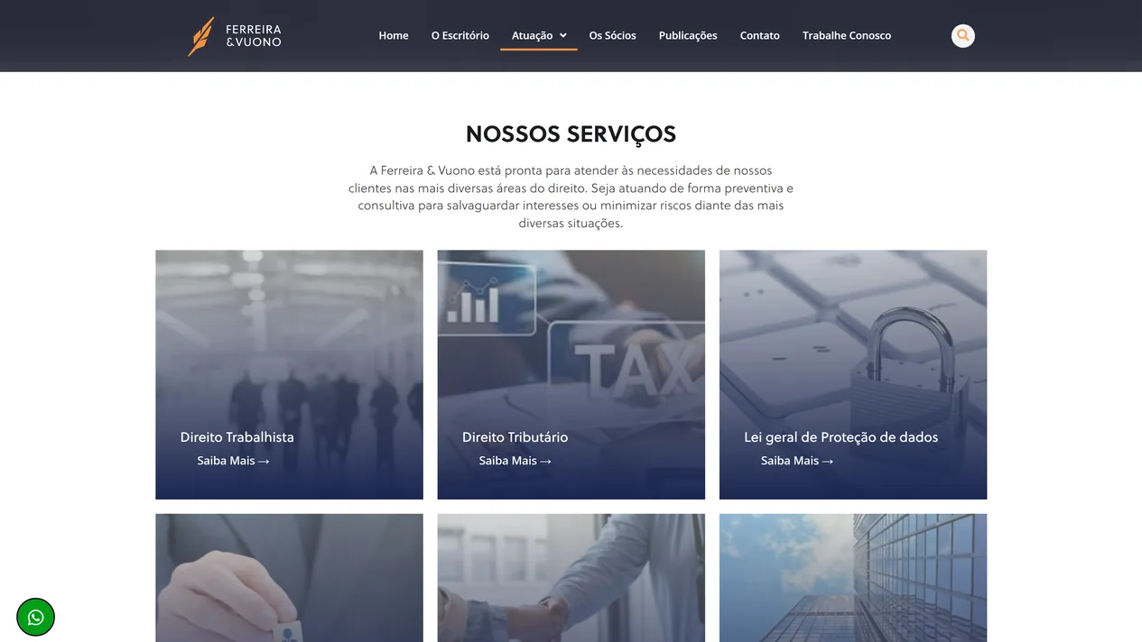Página Atuação do site da Ferreira & Vuono com o título Nossos Serviços, o parágrafo sobre atuação preventiva e consultiva e a primeira linha de cartões com foto e degradê azul, Direito Trabalhista, Direito Tributário e Lei Geral de Proteção de Dados, cada um com Saiba Mais