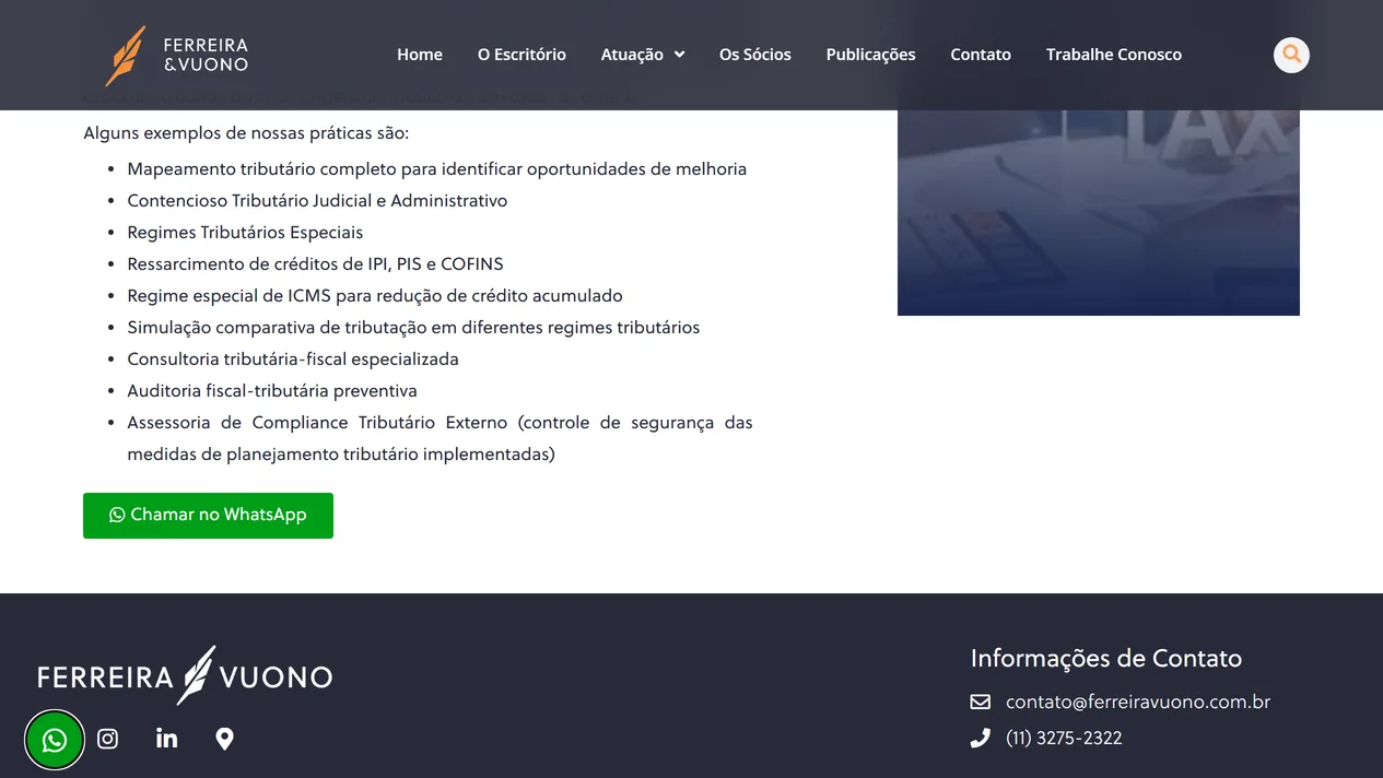 Página Direito Tributário do site da Ferreira & Vuono a partir de Alguns exemplos de nossas práticas, com a lista do mapeamento tributário à assessoria de compliance tributário externo, o botão verde Chamar no WhatsApp, a parte de baixo da foto com a palavra TAX e o início do rodapé azul-grafite