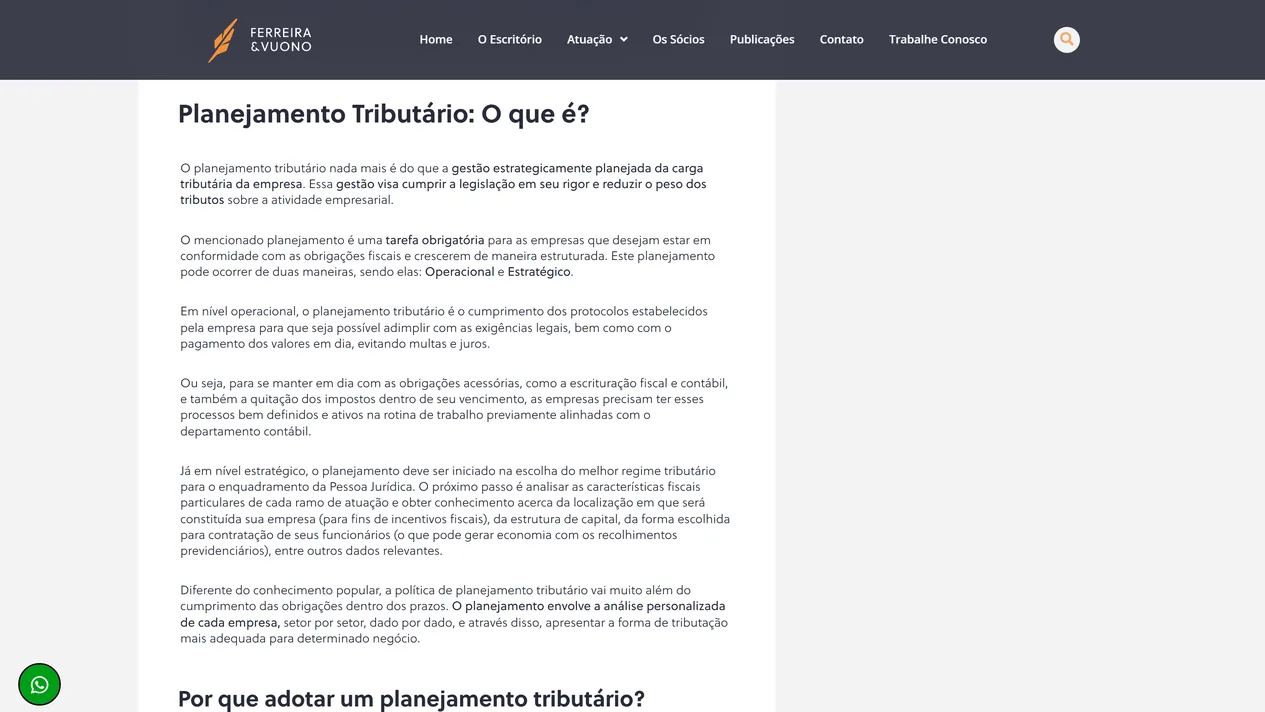 Trecho do artigo sobre planejamento tributário no site da Ferreira & Vuono, com o subtítulo Planejamento Tributário: O que é?, a definição em negrito, a distinção entre nível operacional e estratégico e o subtítulo seguinte, Por que adotar um planejamento tributário?