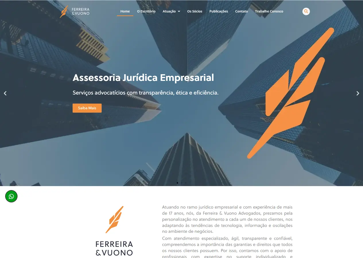 Página inicial completa do site da Ferreira & Vuono Advogados, do slider com Assessoria Jurídica Empresarial ao rodapé, passando pela apresentação do escritório, pelo carrossel de áreas de atuação, pelos retratos dos sócios, pelas publicações, pelos depoimentos, pelo bloco do programa Empresários de Sucesso TV e pela newsletter