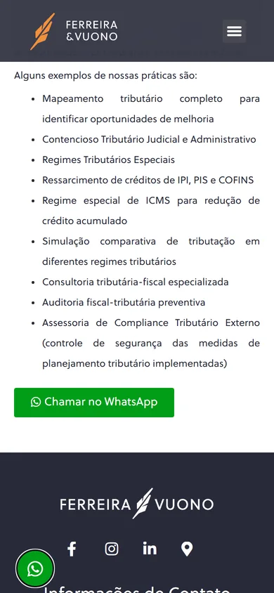 Página Direito Tributário no celular, com a lista de práticas em coluna única e o botão Chamar no WhatsApp logo depois do último item