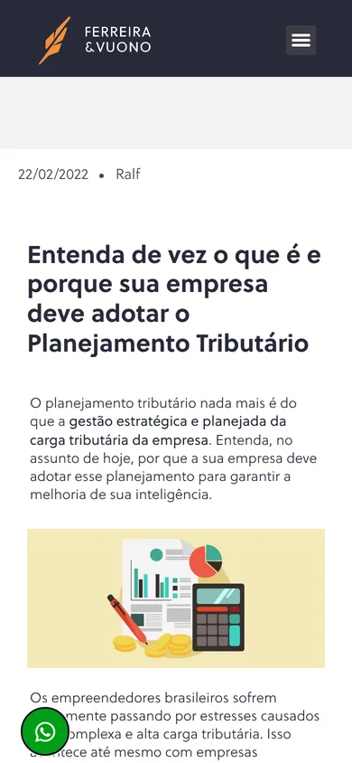 Topo do mesmo artigo no celular, com a data 22/02/2022, o autor Ralf, o título, o parágrafo de abertura e a ilustração de relatório, calculadora e moedas