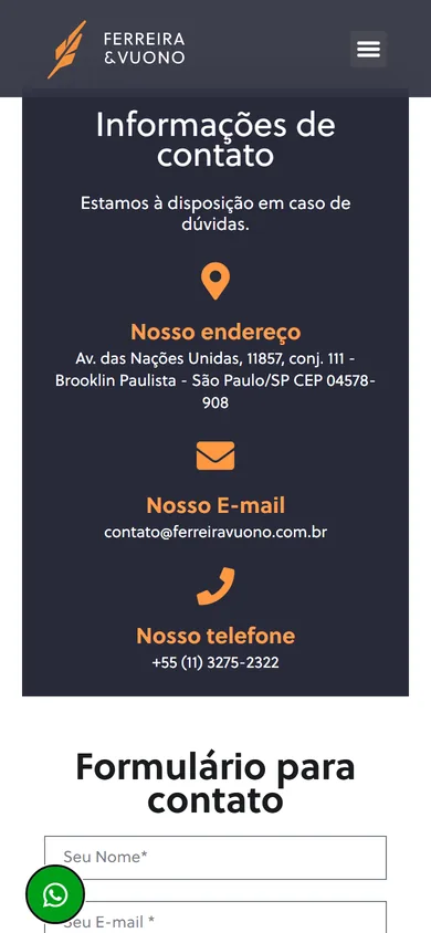 Página Contato no celular, com o cartão de endereço, e-mail e telefone em coluna centralizada e o formulário logo abaixo