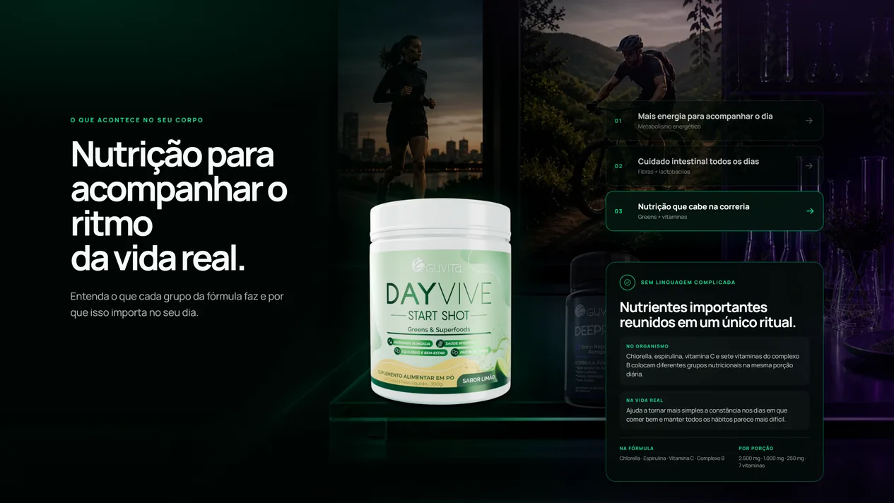 Seção “Nutrição para acompanhar o ritmo da vida real.”, com o pote DAYVIVE numa bancada de vidro, os três grupos da fórmula à direita, o terceiro selecionado, e o cartão com ingredientes e quantidades por porção