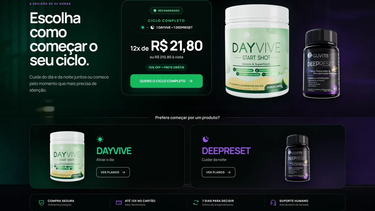Seção “Escolha como começar o seu ciclo.”, com o cartão do Ciclo Completo marcado como recomendado, os potes DAYVIVE e DEEPRESET lado a lado e, embaixo, um cartão para cada produto com o botão Ver planos
