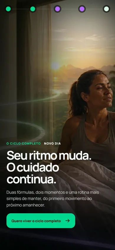 O mesmo capítulo no celular, em tela inteira, com os cinco pontos de horário no topo, o título sobre a foto do amanhecer e o botão Quero viver o ciclo completo
