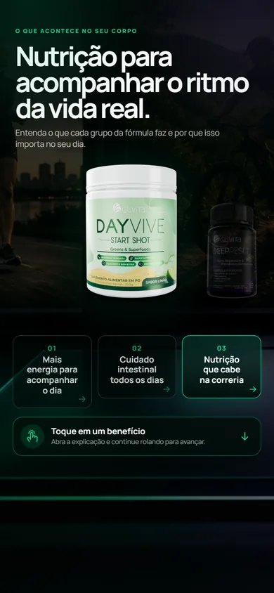 A seção da fórmula no celular, com o pote DAYVIVE, os três botões de grupo, o terceiro selecionado, e a instrução Toque em um benefício