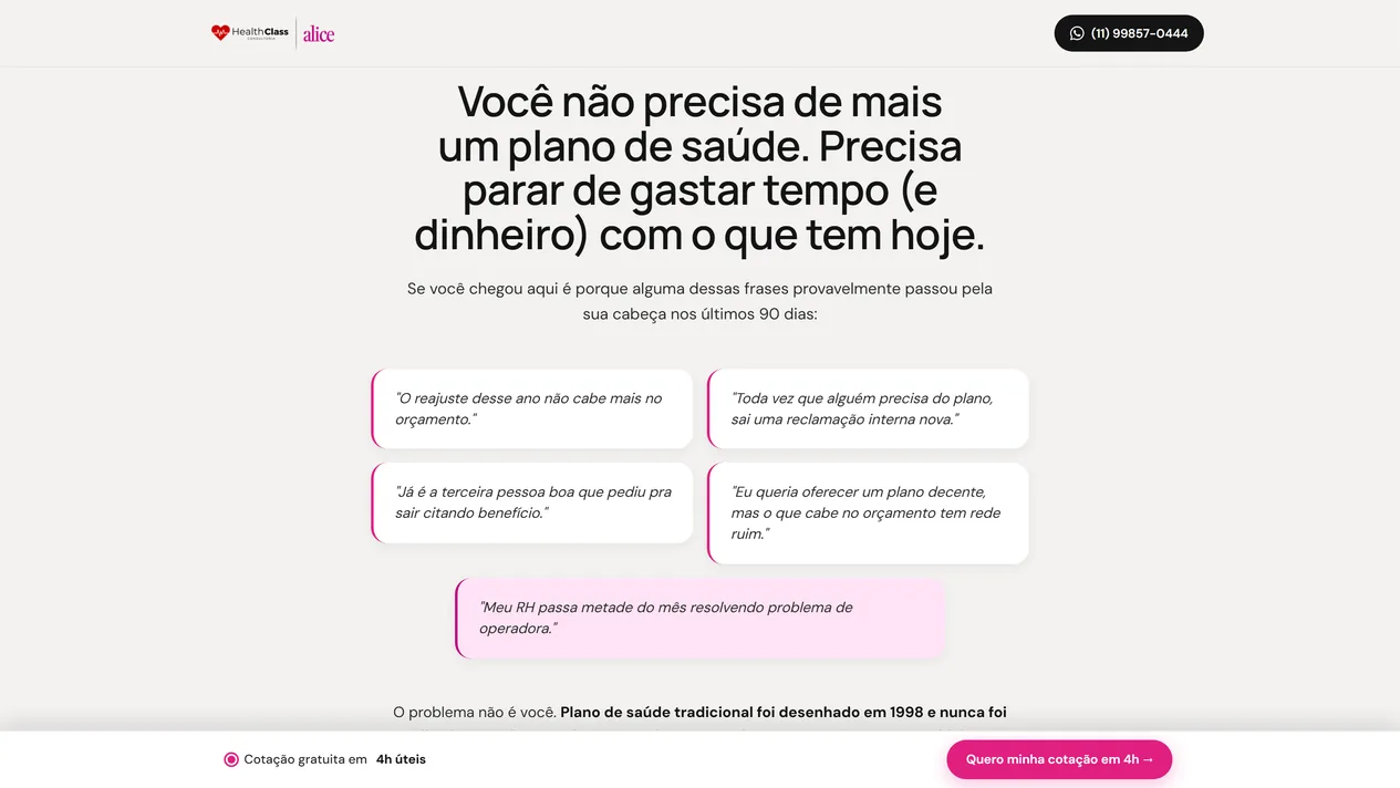 Seção de dores em fundo cinza-claro, com o título Você não precisa de mais um plano de saúde e cinco frases entre aspas em cartões brancos com borda rosa, a última destacada em rosa