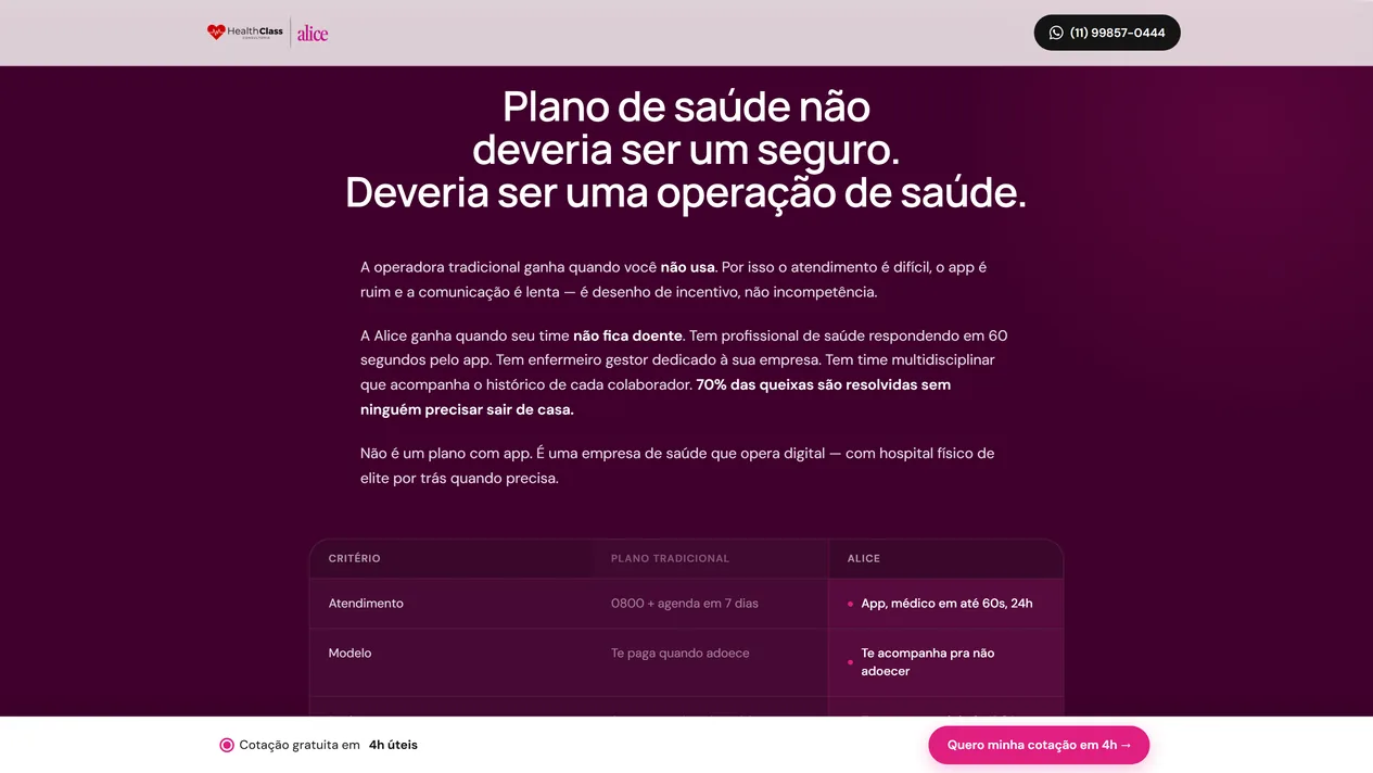 Faixa vinho com o título Plano de saúde não deveria ser um seguro, três parágrafos sobre o modelo da Alice e o início da tabela com as colunas critério, plano tradicional e Alice