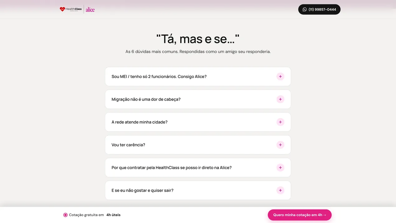 Seção Tá, mas e se, com seis perguntas em cartões brancos fechados, cada um com um botão de mais em rosa para abrir a resposta